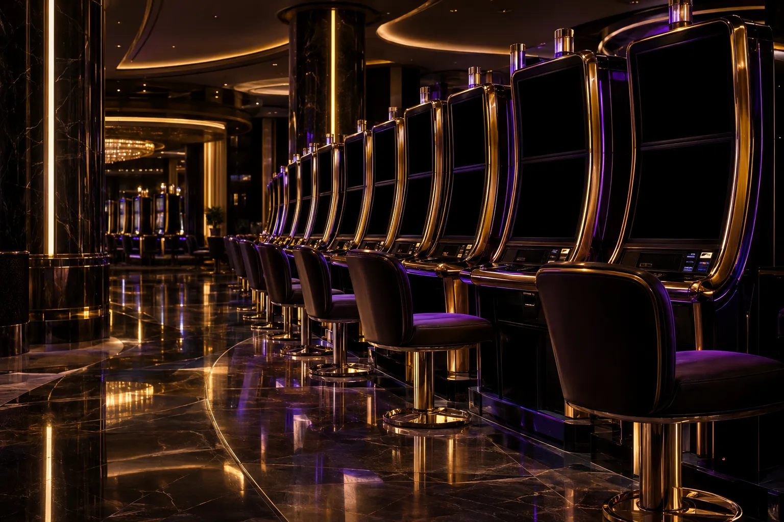 Rows of lit pokie machines across a casino floor