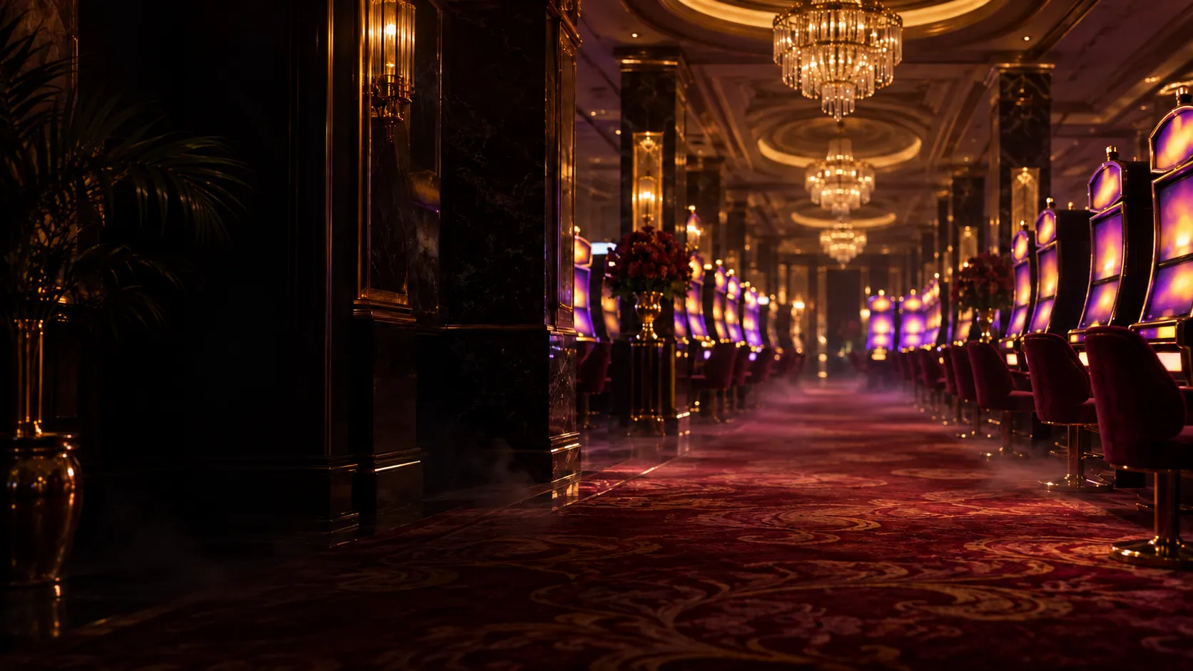 Glowing bank of pokie machines lit up on a casino floor at night