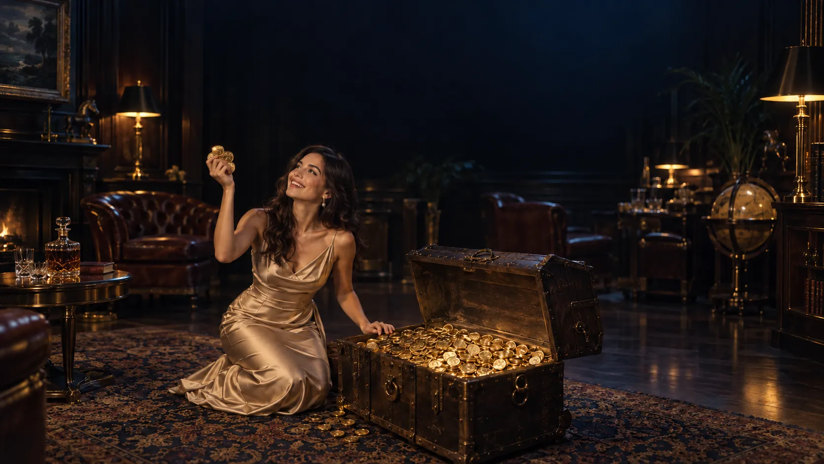 Woman in a satin dress kneeling beside an open treasure chest of gold coins