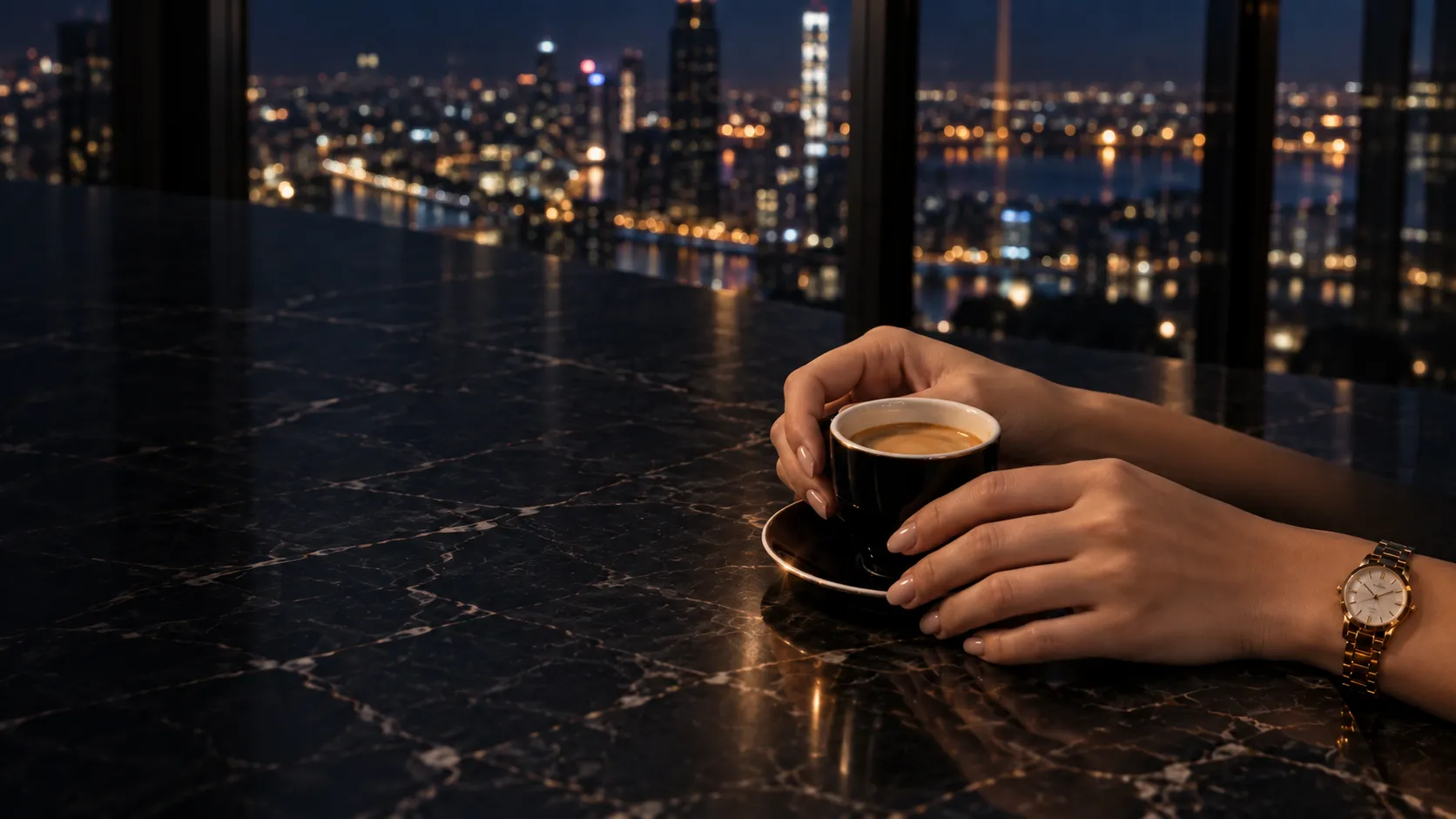 Elegant hands calmly holding an espresso cup above a night skyline