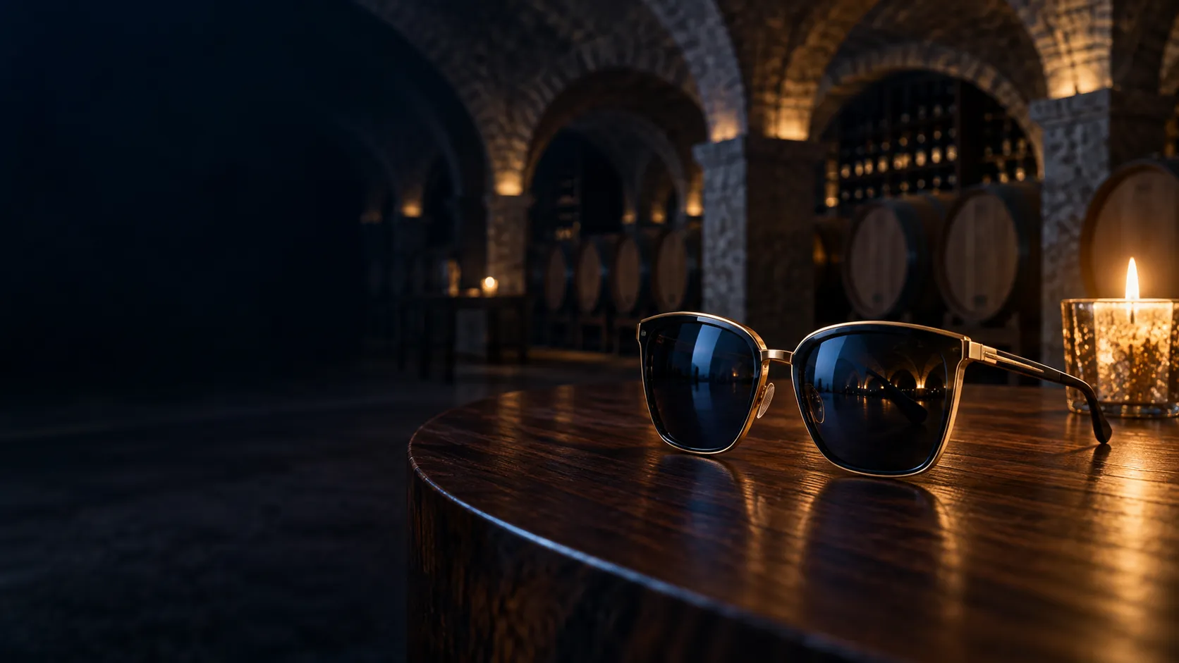 Designer sunglasses resting on a wooden table in a candlelit wine cellar, set for a closer look at Here2Win Casino