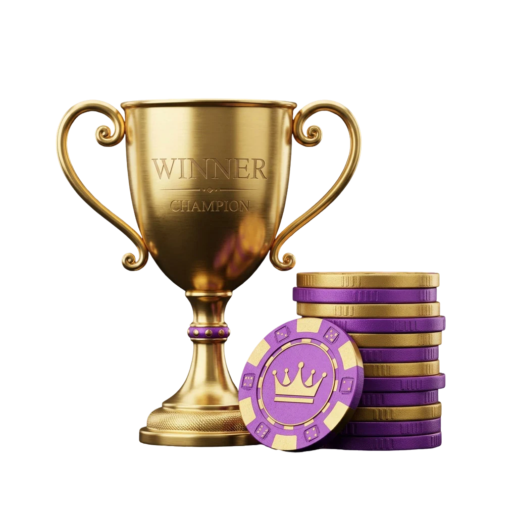 Gold winner's trophy engraved WINNER CHAMPION beside a stack of coins