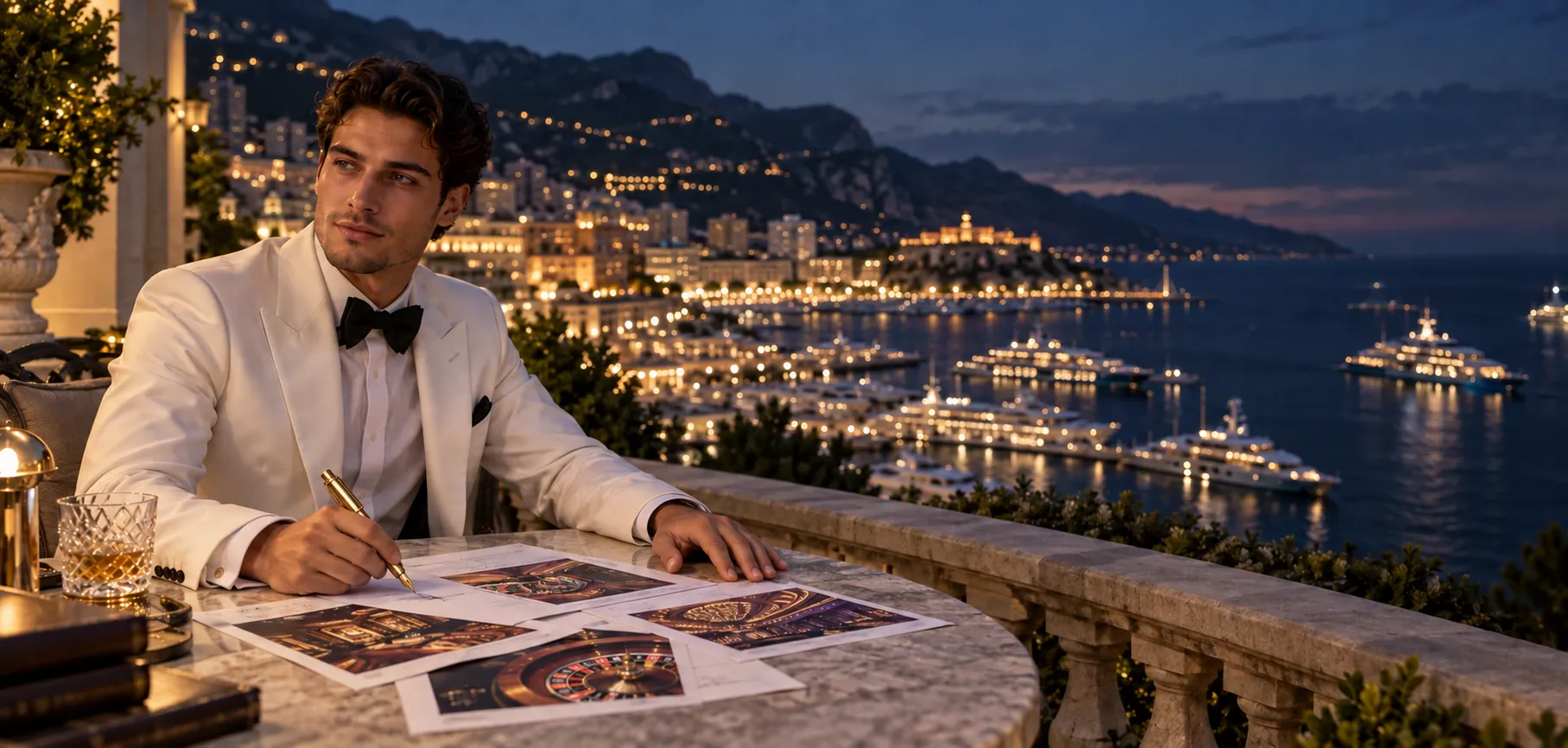 Man at a riviera terrace table holding a gold fountain pen over guide pages