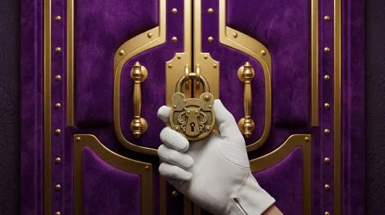 Close-up of purple vault doors with gold fittings and a hanging lock