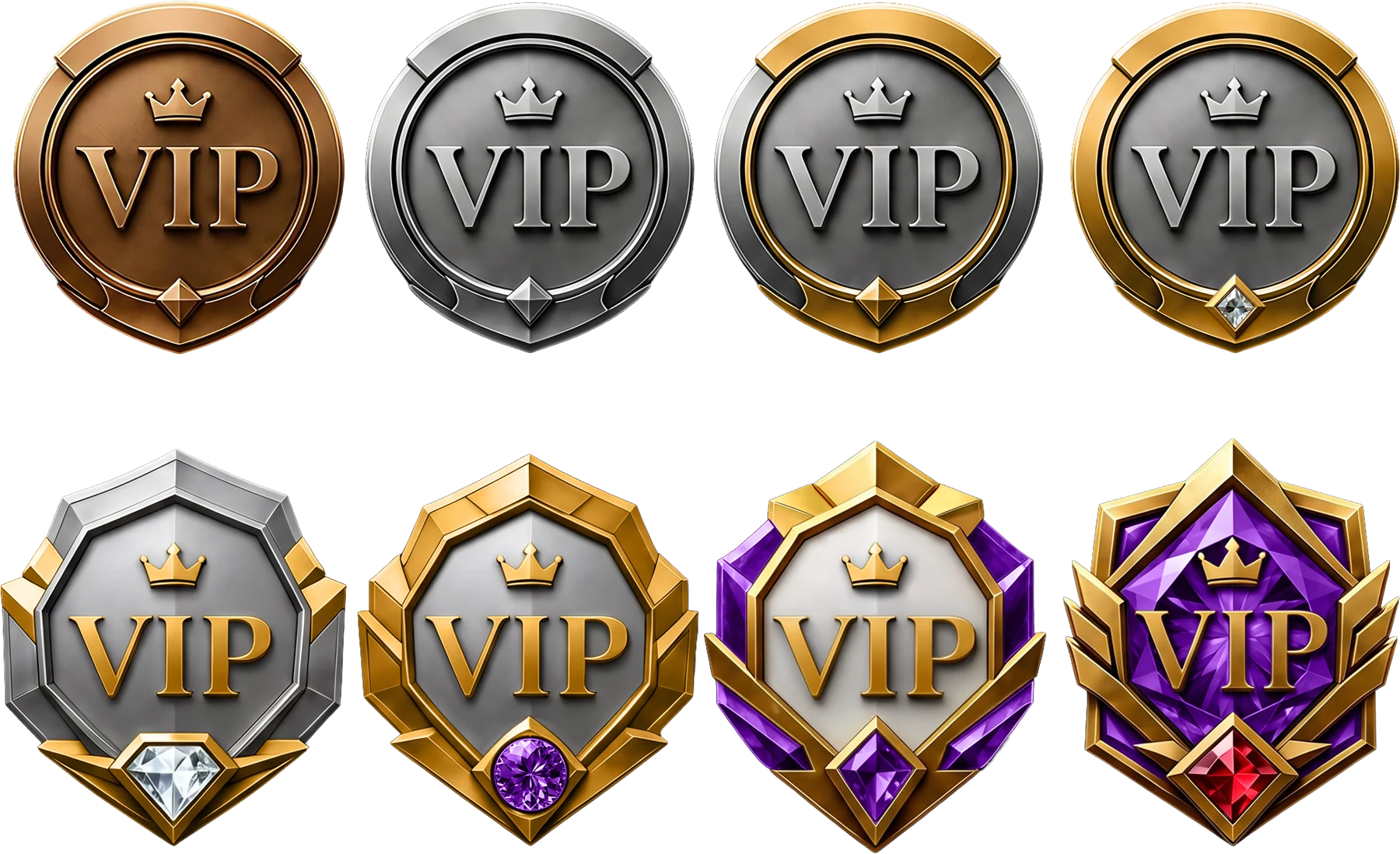 Set of eight round VIP badges in bronze, silver and gold tiers