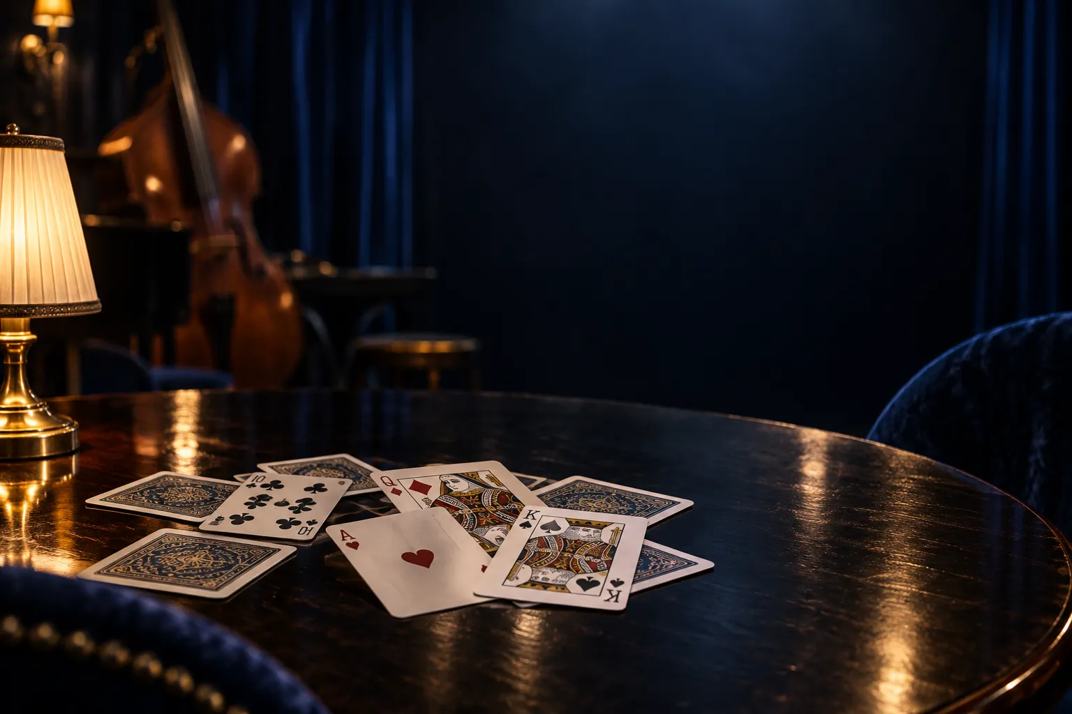 Scatter of playing cards on a table in a velvet jazz lounge, setting the tone for the Here2Win Casino pokies compared on this page